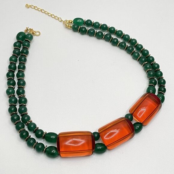 Artisan Handcrafted Green Gemstone Lucite Beaded Choker Collar Necklace Elegant - Picture 2 of 10